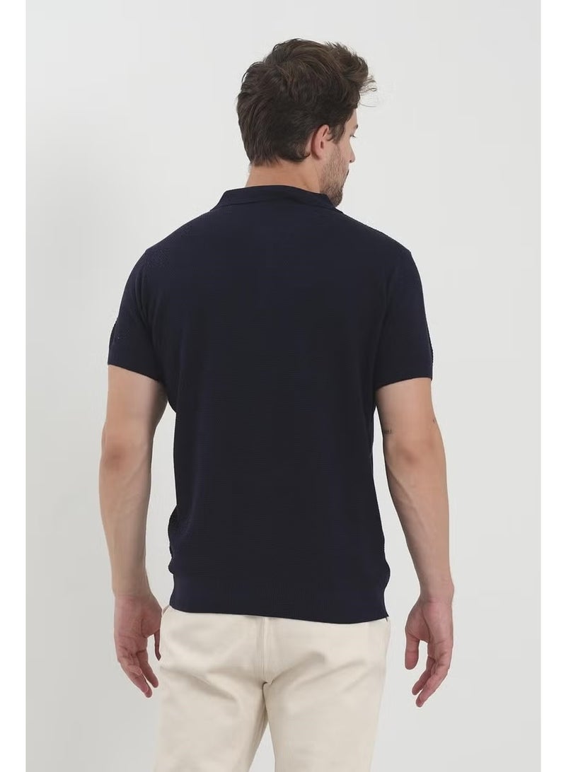 Odelon Men's Polo Neck Jacquard Knitwear T-Shirt Navy Blue - Image 5